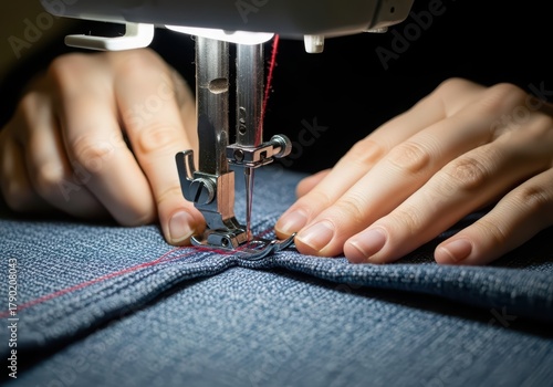 Woman sewing blue denim fabric with red thread on a sewing machine. Fashion design and clothing alteration concept for textile craft or hobby.