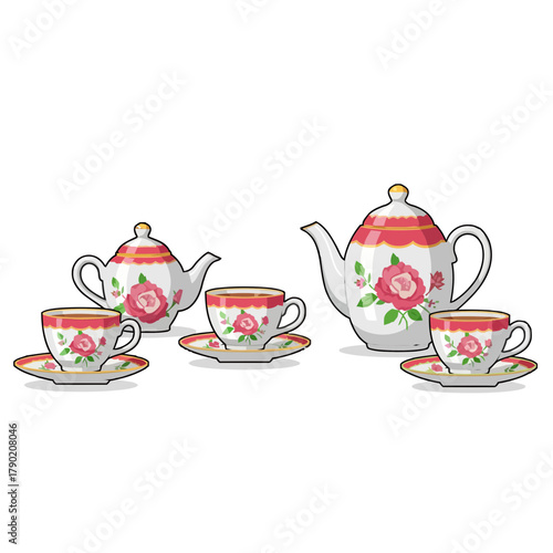 Porcelain tea set with floral design including teapot and cups  