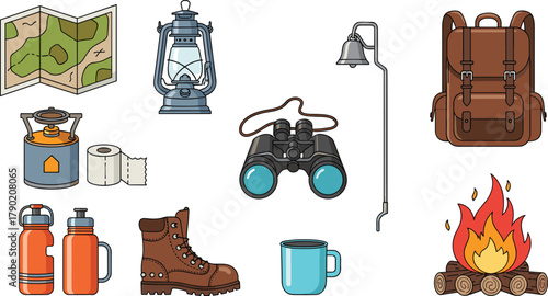 Camping outdoor gear essentials, backpack, lantern, hiking boot, binoculars, campfire, stove, water bottles, map, adventure survival equipment vector illustration