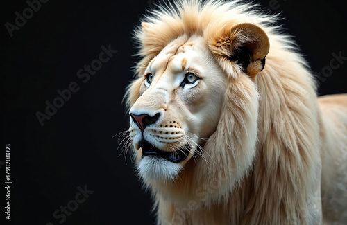Majestic white lion head profile portrait with piercing blue eyes, looking left against stark black background. Fluffy mane, fierce expression convey raw power, wild beauty. Regal predator presence