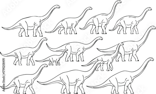 Line art illustration of Brontosaurus dinosaurs in varying sizes and positions