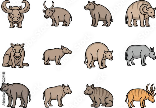 Collection of Prehistoric Animals, Vector Illustrations on White