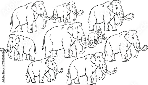 Herd of Woolly Mammoths Outline for Educational Coloring and Learning