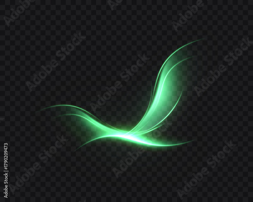 A glowing neon bird shape with soft green light trails and smooth luminous wings on a dark background. Light effect for background overlays in fantasy design and digital illustrations. Vector.