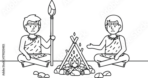 Cavemen Chatting by Campfire