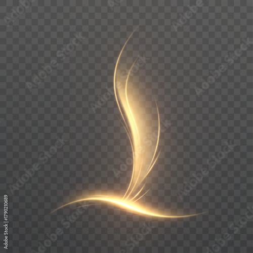 A radiant golden vortex rising in elegant curved lines against a transparent background. Glowing, smooth light with a soft blur of movement for magical light overlays.