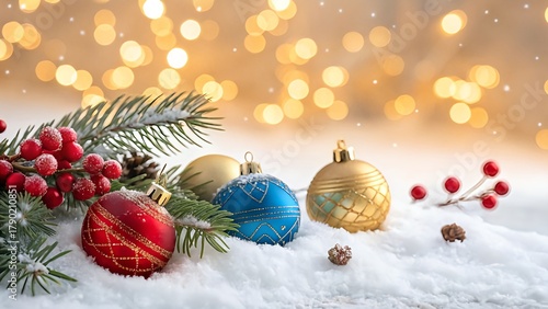 Christmas Baubles on Snow with Pine Branches and Festive Golden Bokeh Lights