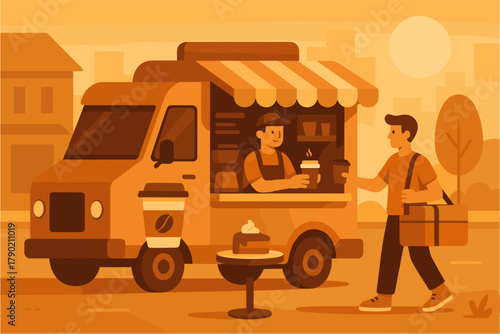 Coffee Truck and Street Cafe Vector Illustration