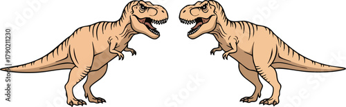 Two Tyrannosaurus Rex facing each other in a vector illustration with a tan color