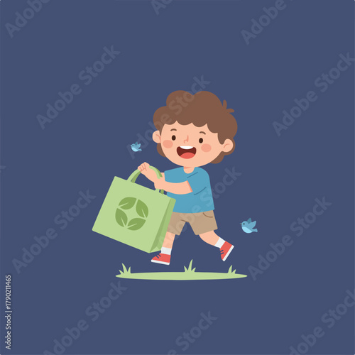 An endearing cartoon illustration shows a smiling child running with a green reusable bag bearing an eco-friendly logo, accompanied by two small birds against a blue backdrop.