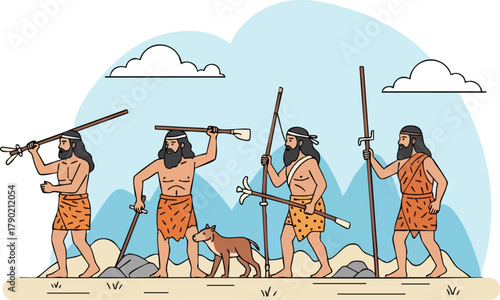 A Line of Cavemen Hunters with Weapons and a Dog, Illustration