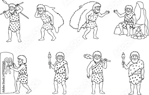 Monochrome Cartoon Illustration Depicting Varied Caveman Characters and Activities