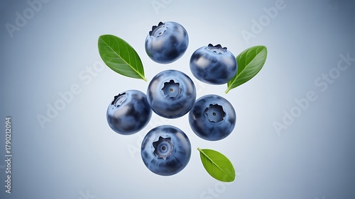 Six Ripe Blueberries with Green Leaves Floating on Light Blue Background blueberry
