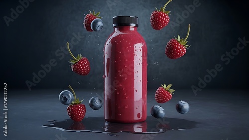 Red berry juice bottle surrounded by floating raspberries and blueberries red juice bottle