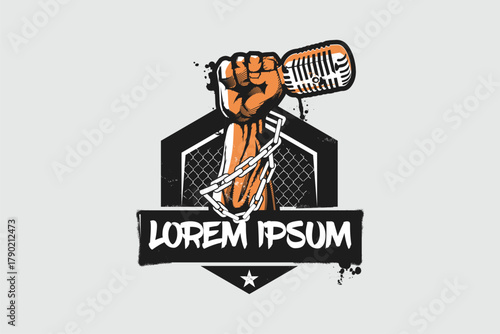 hand raised with classic microphone and chain illustration vector template design