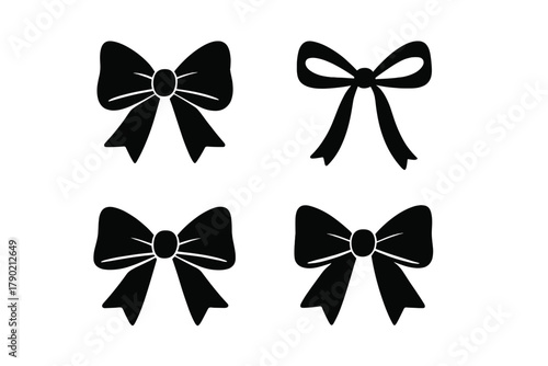 Collection of four black silhouette ribbon bows for decoration and gift wrapping