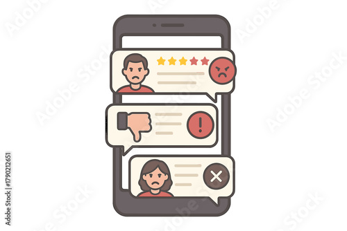 Smartphone screen showing negative customer feedback, poor service ratings, and user dissatisfaction icons