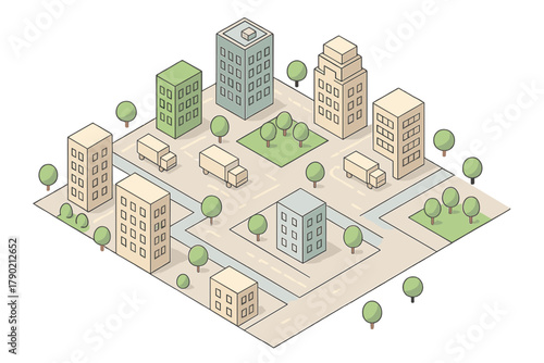 Isometric urban landscape with residential and commercial buildings, streets, parks, and delivery trucks