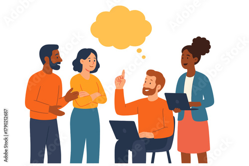 Diverse business professionals collaborating on a project and generating new ideas during a team meeting