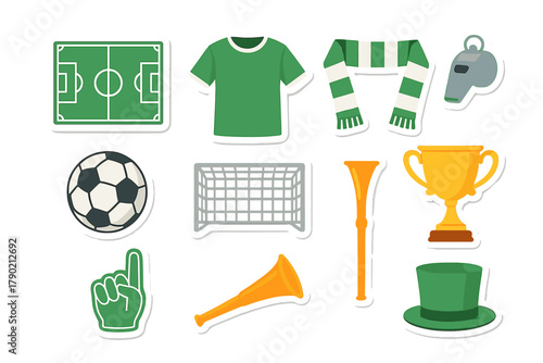 Football game elements and fan accessories including field, ball, jersey, scarf, and trophy