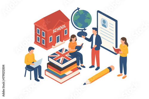 Group of students and teacher studying foreign languages near a school building and stacked books