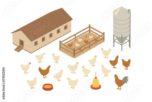 Isometric elements of a poultry farm including barn, grain silo, fenced enclosure, and domestic chickens