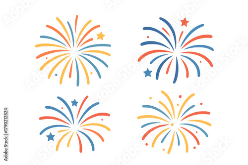 Collection of four colorful celebratory fireworks bursts in flat design style