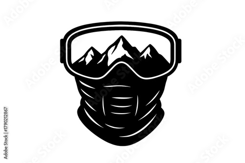 Ski goggles and balaclava mask covering face with mountain peaks reflection in lenses