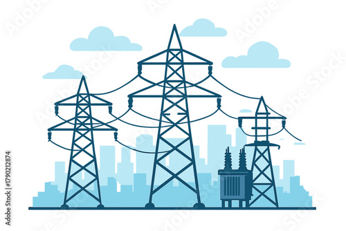 High voltage electricity transmission towers and power lines over a modern city skyline silhouette with clouds