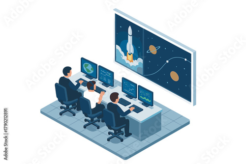 Engineers monitoring rocket launch trajectory data in mission control room