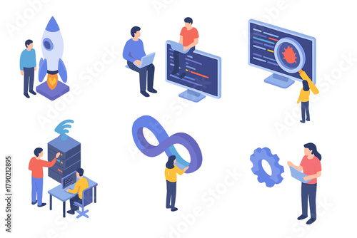 Isometric scenes of software development, startup launch, debugging, and server maintenance