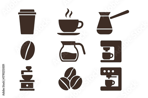 Dark brown coffee symbols set featuring cup, bean, grinder, pot, and espresso machine