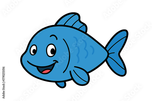 Adorable blue fish character with a big smile swimming happily underwater