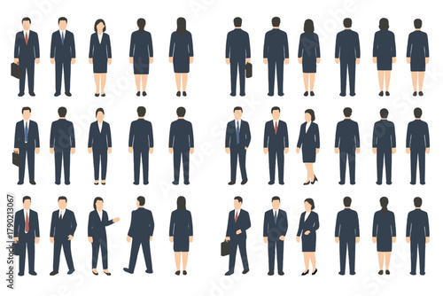 Diverse set of business professionals in dark suits standing in various poses and angles