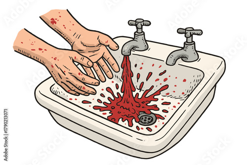 Hands covered in blood spots washing in a bathroom sink with red liquid splashing from the faucet