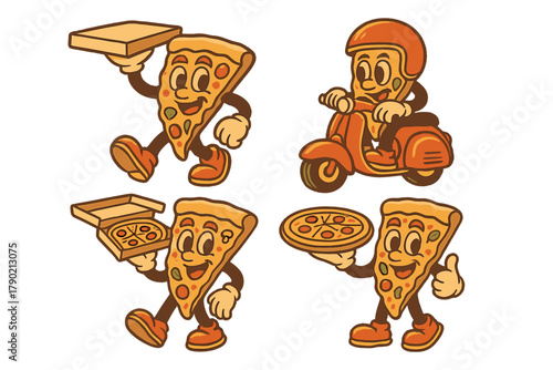 Retro cartoon pizza mascot set delivering food and showing thumbs up gesture