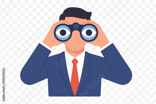 Professional man in suit using binoculars searching for business opportunities and future vision