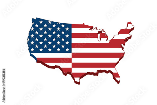 Three dimensional map outline of the United States covered with the national flag design
