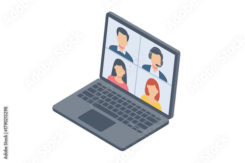 Isometric laptop showing four-way video conference call screen for remote business meeting communication