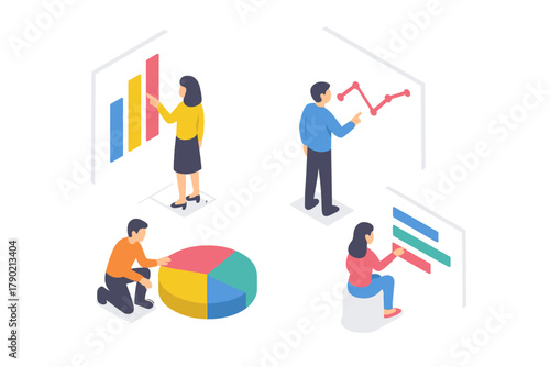 Isometric business professionals analyzing diverse data charts and graphs