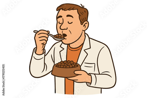 Scientist examining pet food quality while tasting kibble from spoon