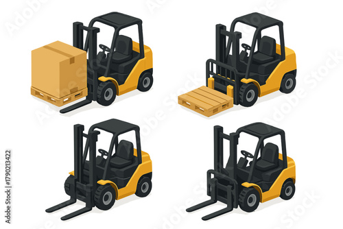 Isometric forklift icons set with cargo and empty pallet