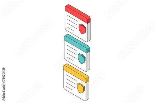 Isometric layered security data cards with colorful headers