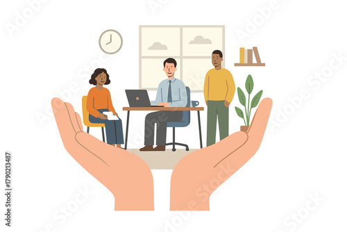 Giant hands supporting and protecting diverse business professionals working together