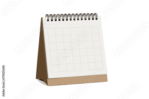 Blank desktop calendar with spiral binding and empty grid pages isolated on white background