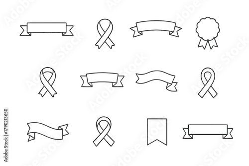 Outline ribbon banners, looped awareness symbols, and rosette medal icons set