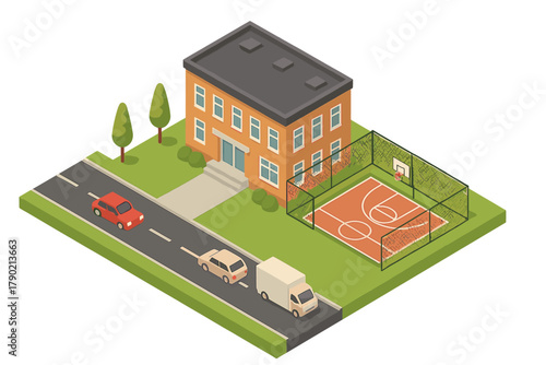 Isometric view of a school building next to a street with traffic and an outdoor basketball court