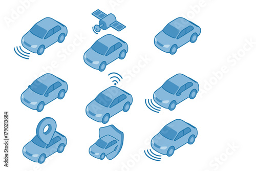Isometric symbols of connected vehicle technology, autonomous driving, safety, and GPS tracking systems