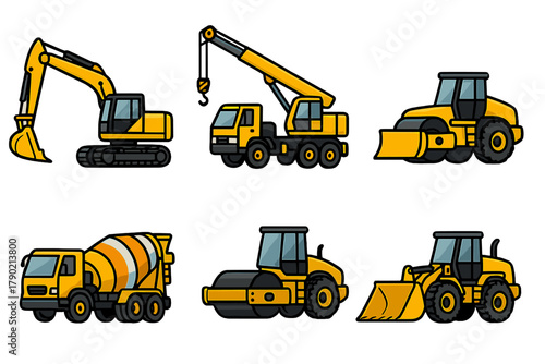 Yellow construction vehicles set: excavator, crane, cement mixer, road roller, bulldozer, front loader