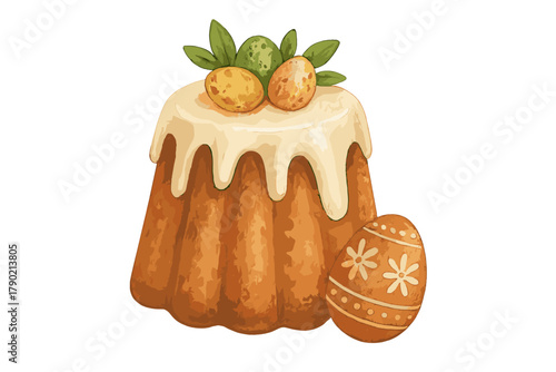 Traditional Easter cake dessert with white icing and decorative eggs on top